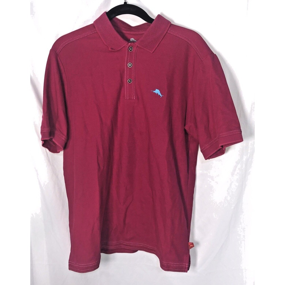 Tommy Bahama Men Wine Supima Cotton Three (3) Button Polo w Blue Marlin - Size S